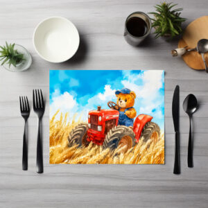 raxxa Premium-Tischset: Teddy Bear Driving a Tractor in Wheat Field