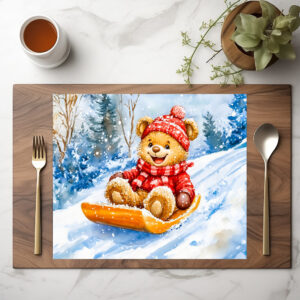 raxxa Premium-Tischset: Teddy Bear Sledding Downhill in Winter