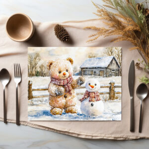 raxxa Premium-Tischset: Teddy Bear Building a Snowman