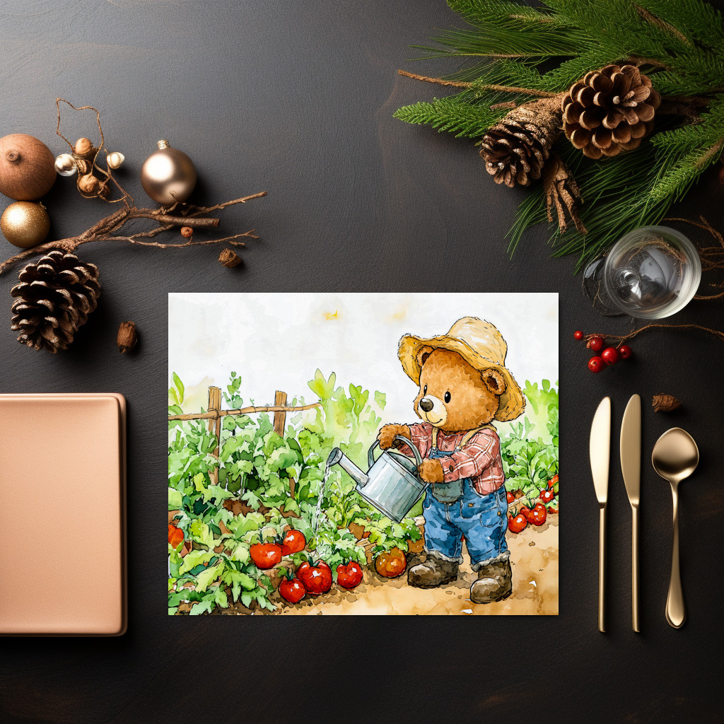 raxxa Premium-Tischset: Teddy Bear Watering Tomato Plants