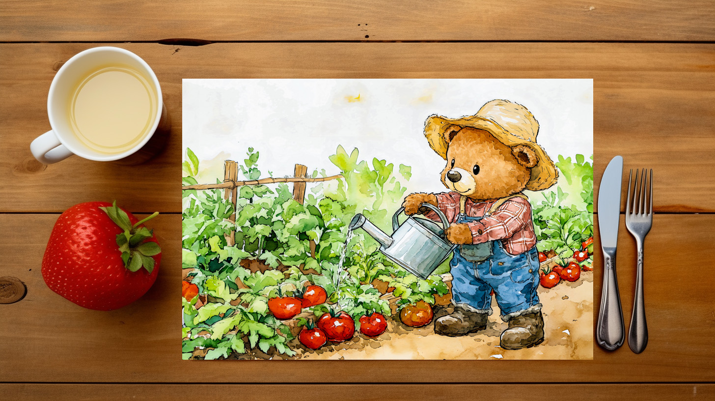 raxxa Premium-Tischset: Teddy Bear Watering Tomato Plants – Image 3