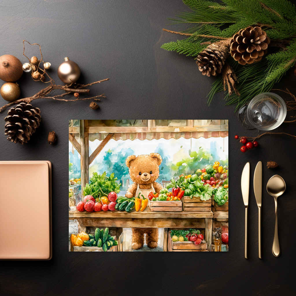 raxxa Premium-Tischset: Teddy Bear Selling Fruit at Farmers Market - Imagen 2