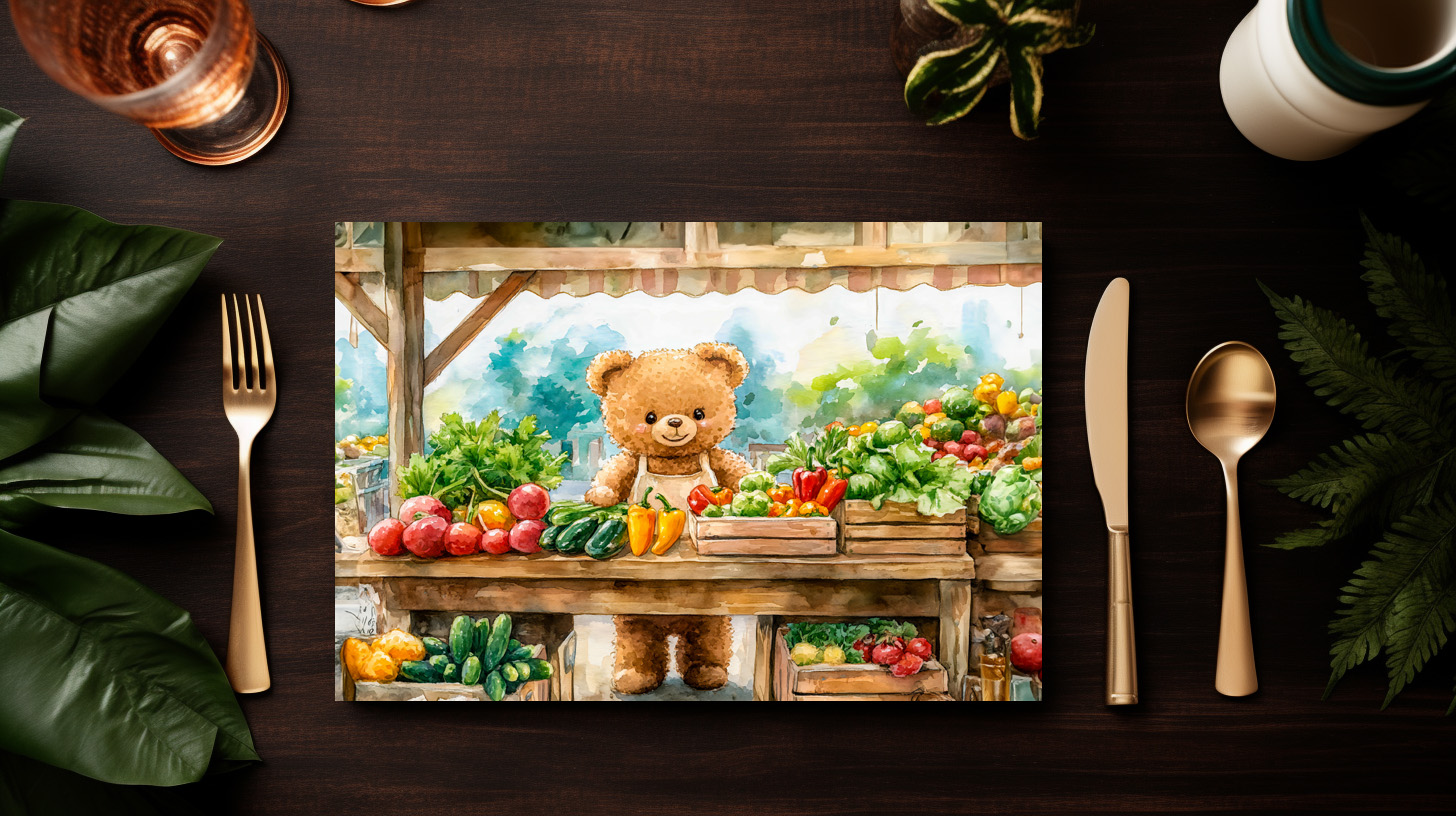 raxxa Premium-Tischset: Teddy Bear Selling Fruit at Farmers Market - Imagen 3