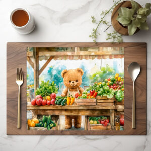 raxxa Premium-Tischset: Teddy Bear Selling Fruit at Farmers Market