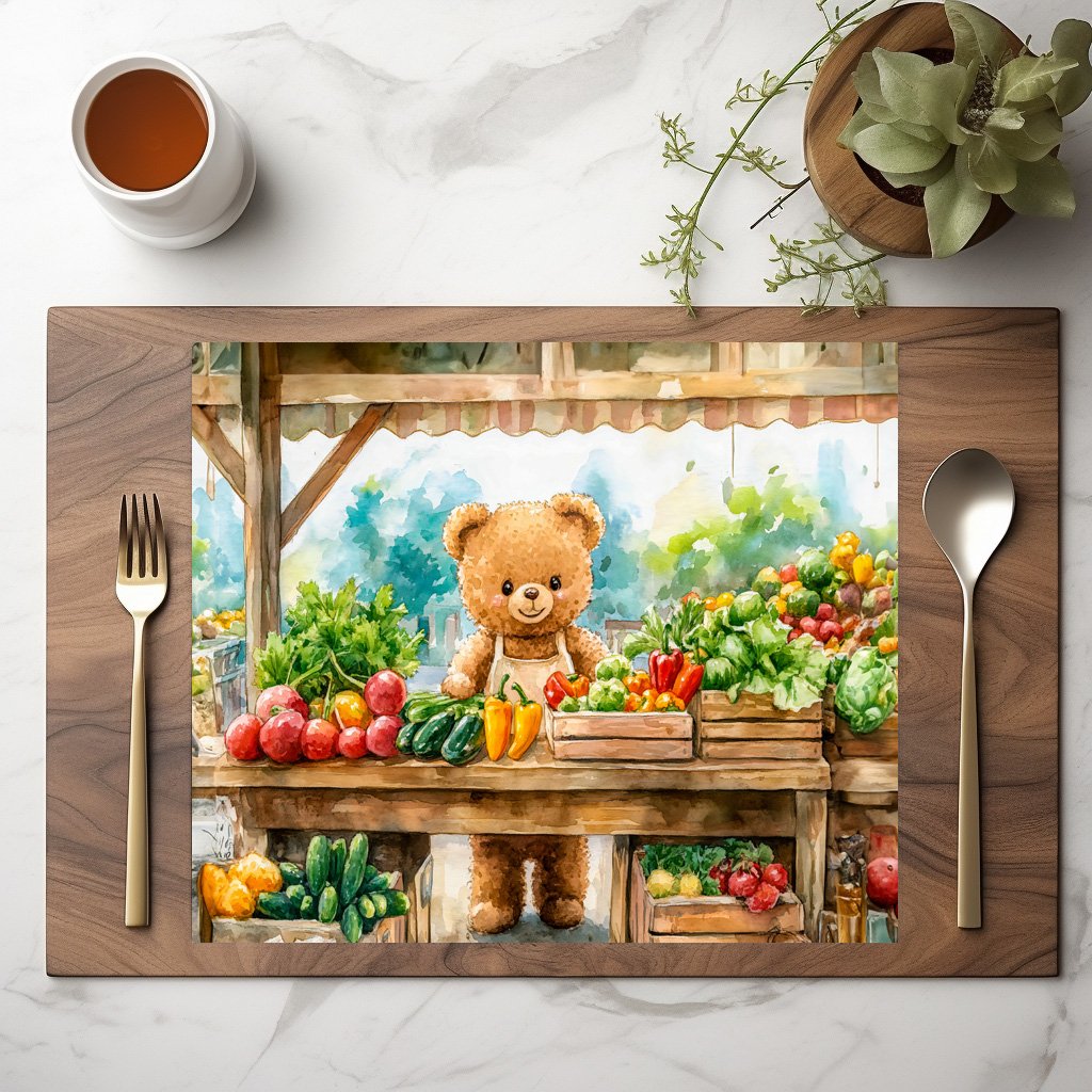 raxxa Premium-Tischset: Teddy Bear Selling Fruit at Farmers Market