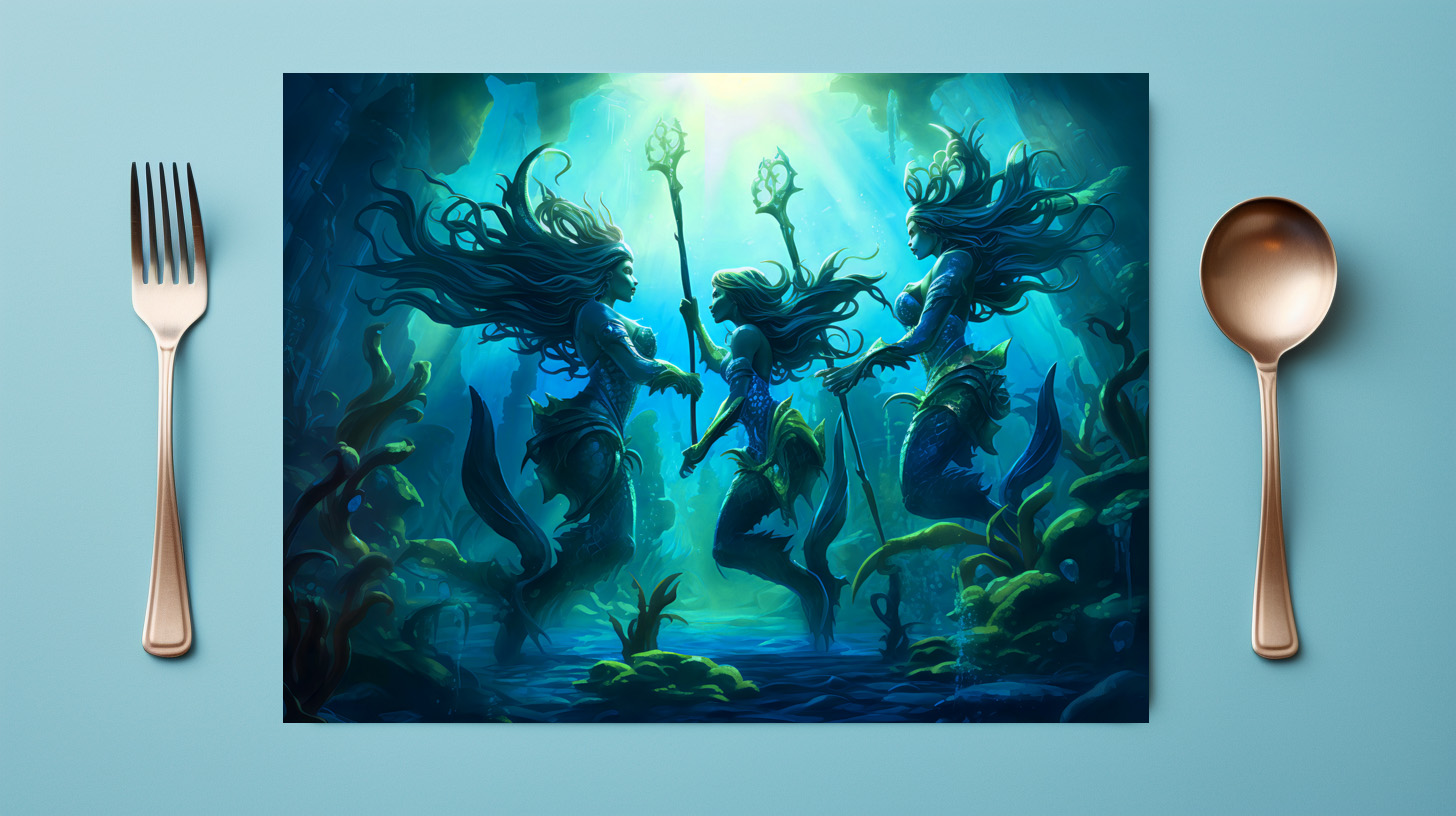 raxxa Premium-Tischset: Three Sea Nymphs Holding Staffs Fantasy Painting – Bild 2