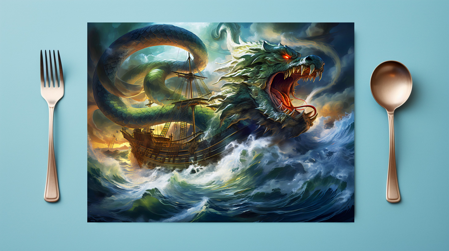 raxxa Premium-Tischset: Sea Serpent Attacking Ship in Storm Fantasy Painting