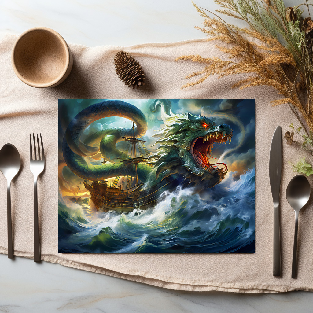 raxxa Premium-Tischset: Sea Serpent Attacking Ship in Storm Fantasy Painting - immagine 2