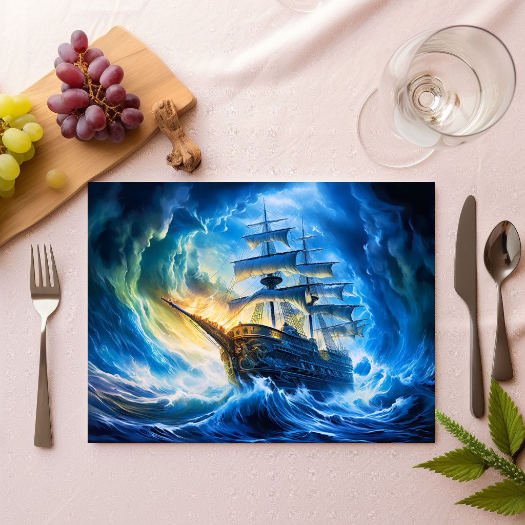 raxxa Premium-Tischset: Ship in Glowing Blue Ocean Fantasy Painting – Image 2