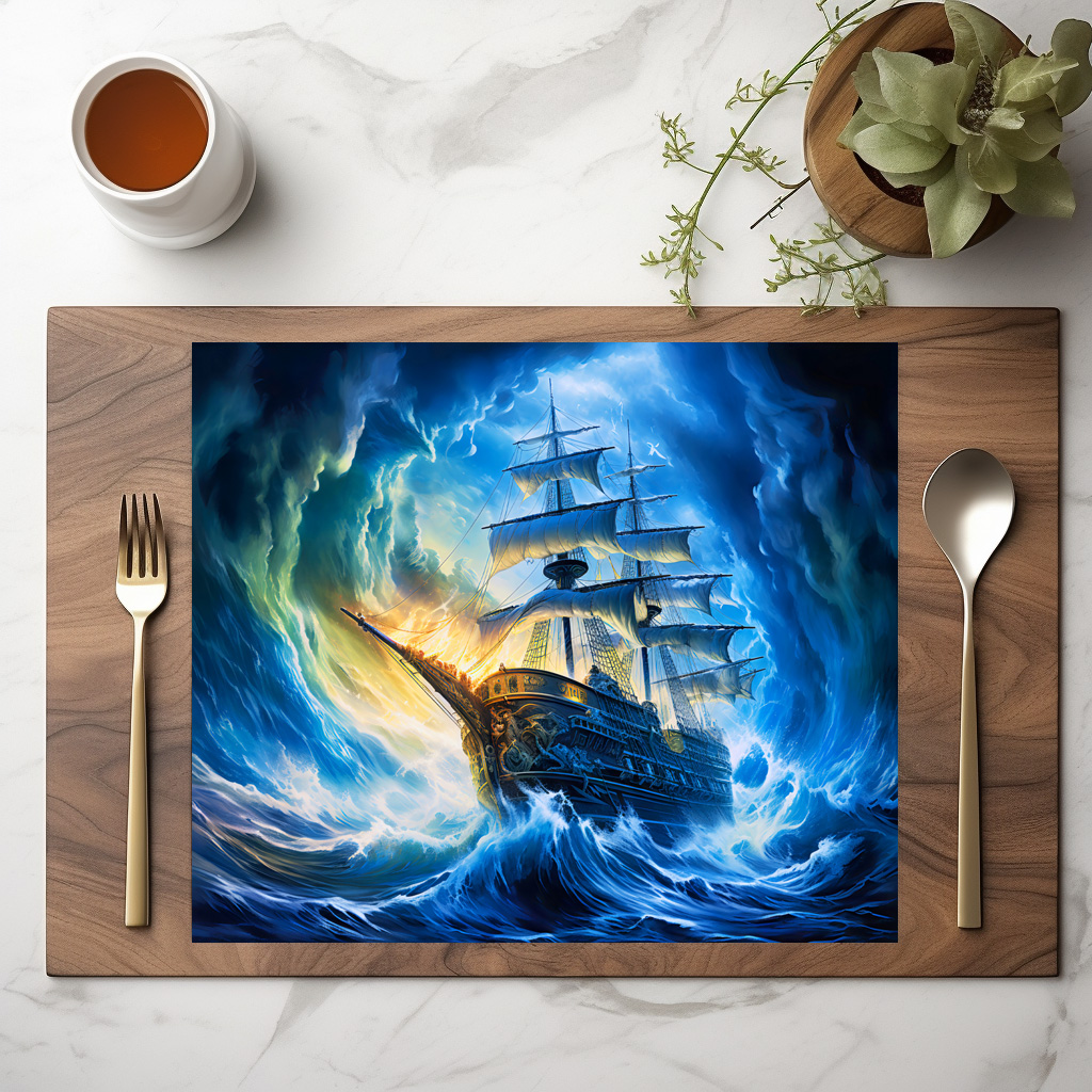 raxxa Premium-Tischset: Ship in Glowing Blue Ocean Fantasy Painting