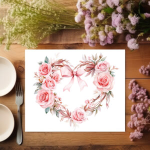 raxxa Premium-Tischset: Heart-Shaped Rose Wreath Romantic Valentine’s Day Illustration