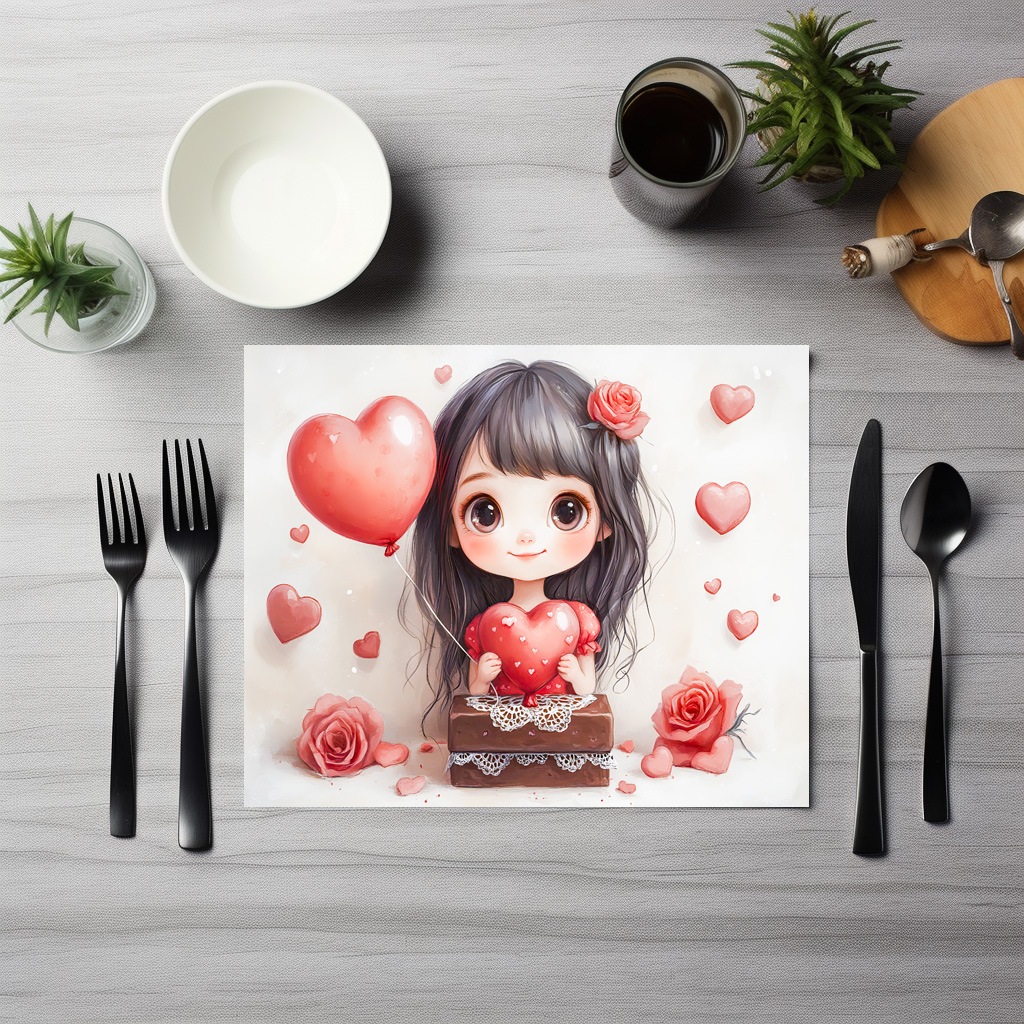 raxxa Premium-Tischset: Cartoon Girl with Roses and Hearts Sweet Valentine’s Day Artwork – Image 2