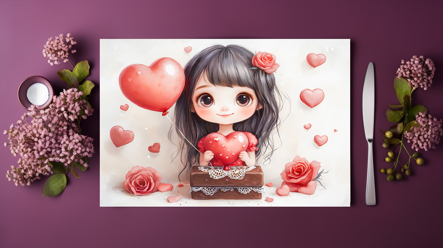 raxxa Premium-Tischset: Cartoon Girl with Roses and Hearts Sweet Valentine’s Day Artwork – Image 3