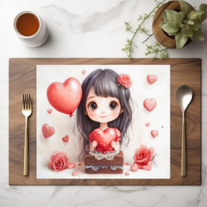 raxxa Premium-Tischset: Cartoon Girl with Roses and Hearts Sweet Valentine’s Day Artwork