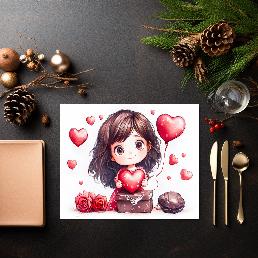 raxxa Premium-Tischset: Cartoon Girl Holding Heart Romantic Valentine’s Day Artwork – Bild 3