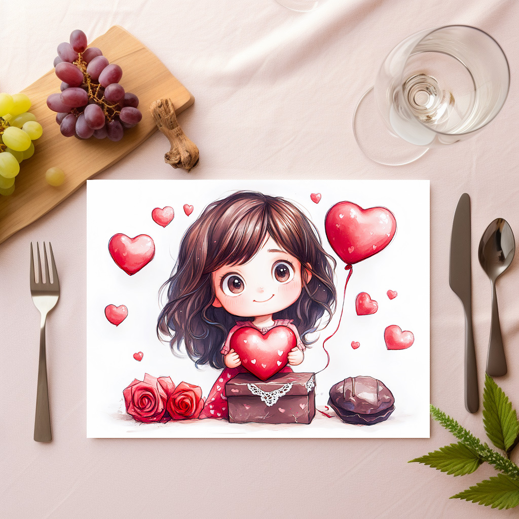 raxxa Premium-Tischset: Cartoon Girl Holding Heart Romantic Valentine’s Day Artwork