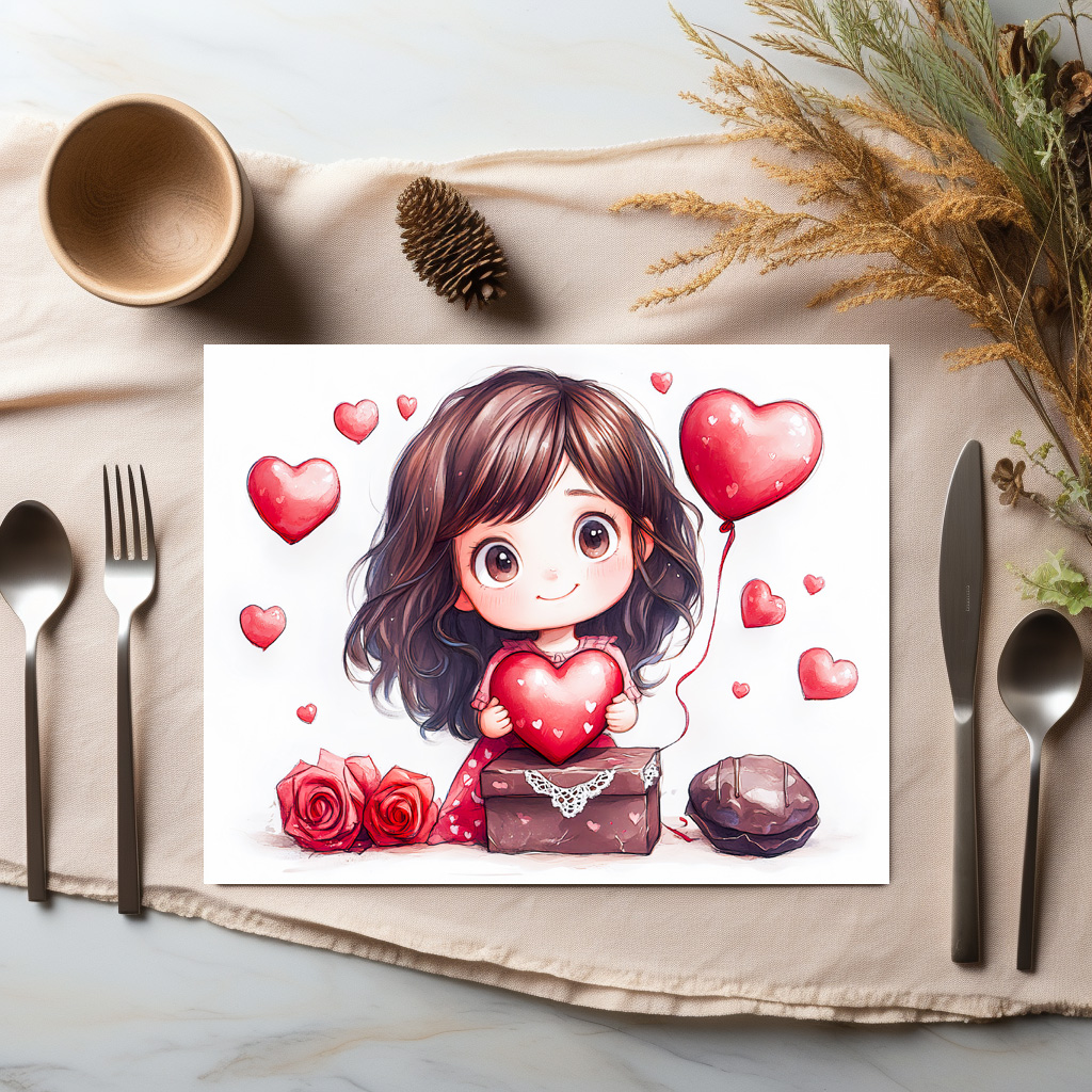 raxxa Premium-Tischset: Cartoon Girl Holding Heart Romantic Valentine’s Day Artwork – Bild 2