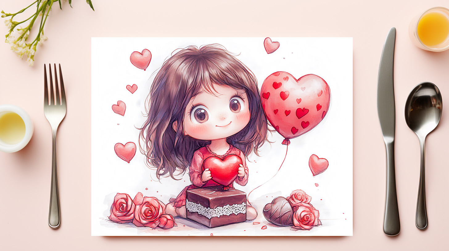 raxxa Premium-Tischset: Cartoon Girl Surrounded by Roses Romantic Valentine’s Day Illustration - immagine 3