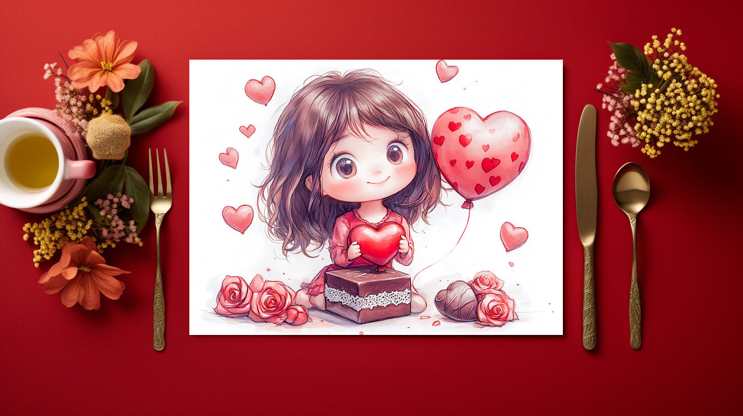 raxxa Premium-Tischset: Cartoon Girl Surrounded by Roses Romantic Valentine’s Day Illustration