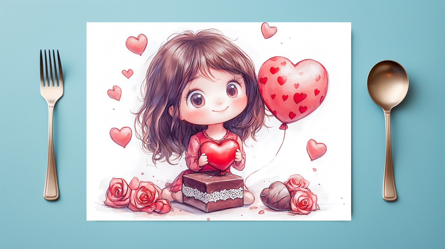 raxxa Premium-Tischset: Cartoon Girl Surrounded by Roses Romantic Valentine’s Day Illustration - immagine 2