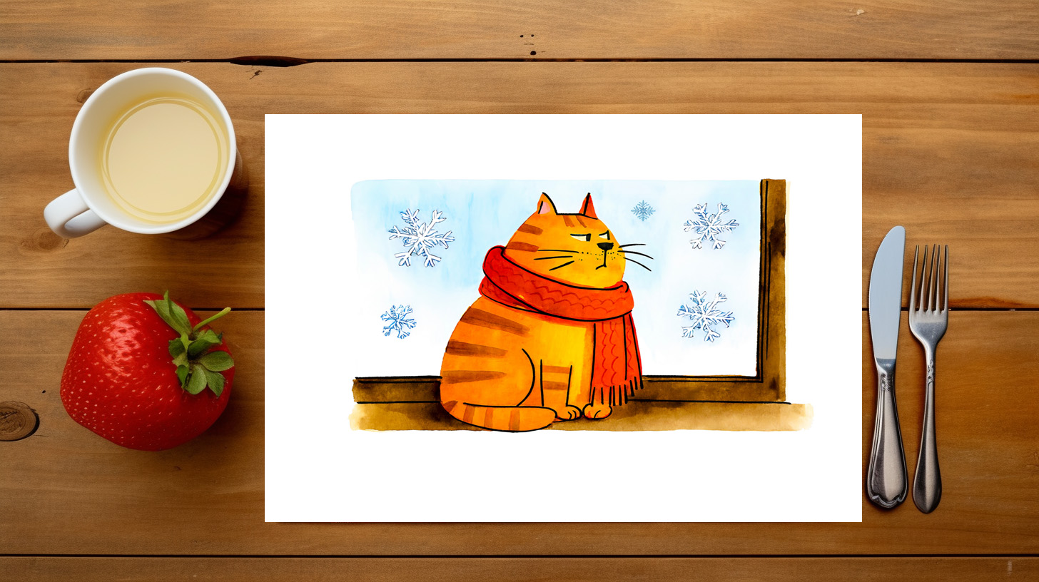 raxxa Premium-Tischset: Cute Cartoon Cat Sitting at Snowy Window - Image 3