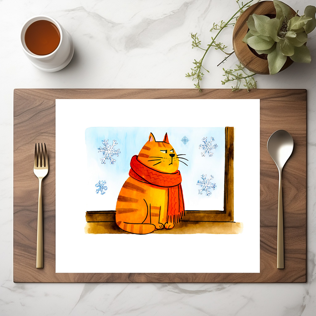 raxxa Premium-Tischset: Cute Cartoon Cat Sitting at Snowy Window - Image 2