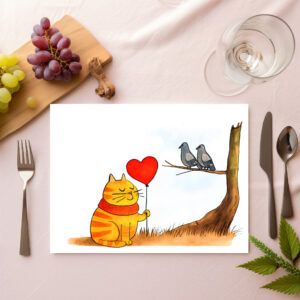raxxa Premium-Tischset: Cute Cartoon Cat Holding Heart Balloon Outdoors