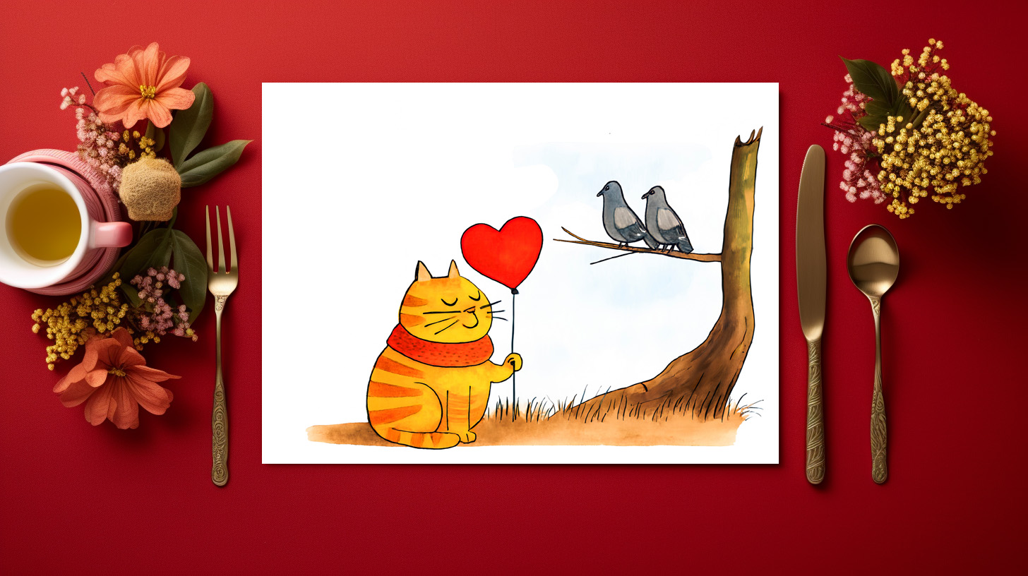 raxxa Premium-Tischset: Cute Cartoon Cat Holding Heart Balloon Outdoors – Bild 2