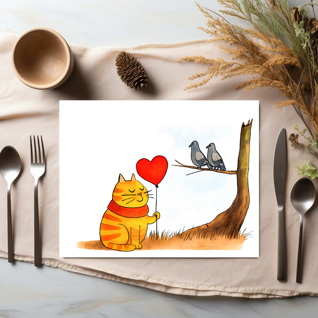 raxxa Premium-Tischset: Cute Cartoon Cat Holding Heart Balloon Outdoors – Bild 3