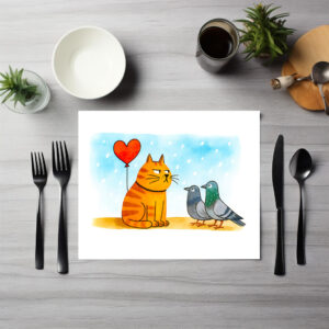 raxxa Premium-Tischset: Cute Cartoon Cat Holding Heart Balloon Illustration