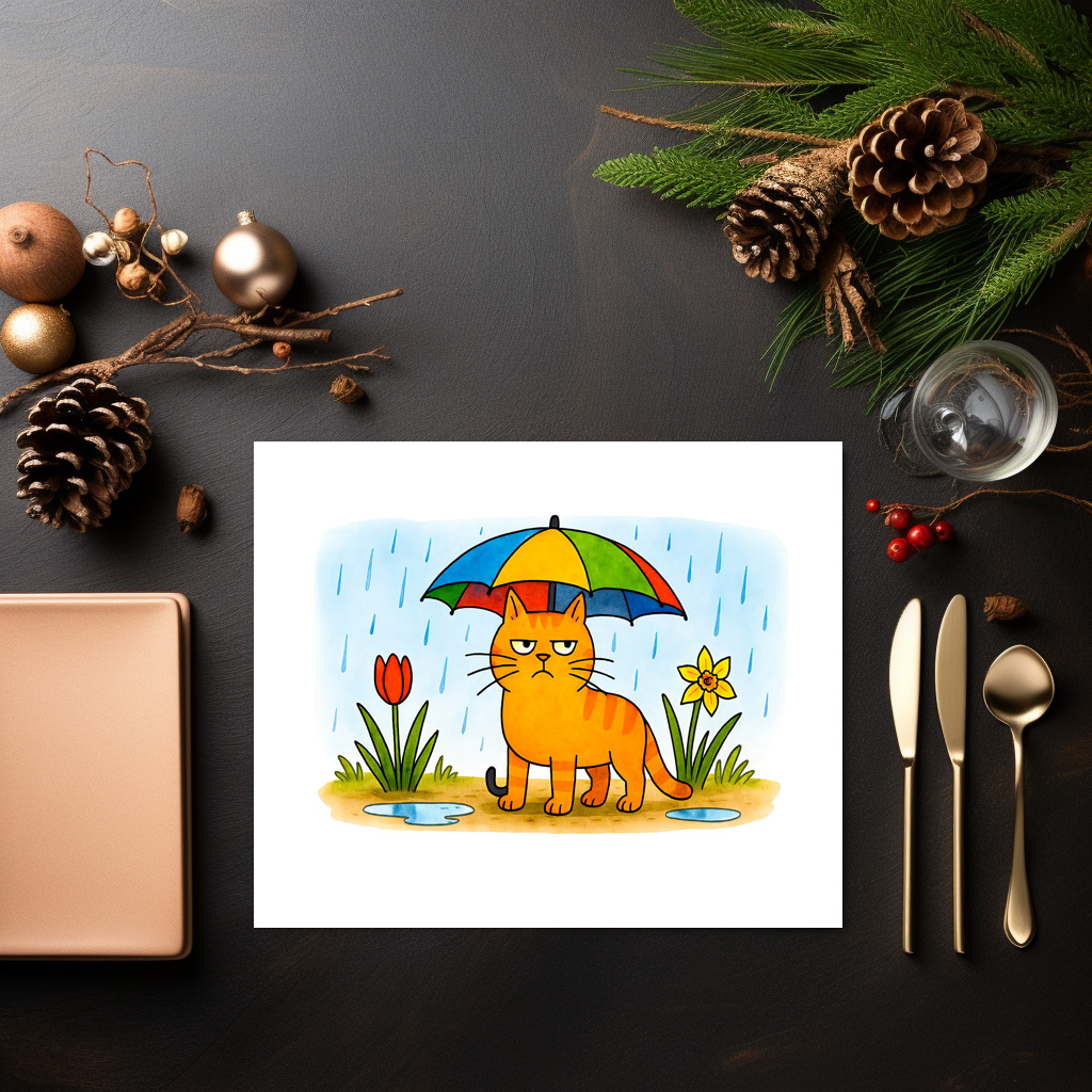 raxxa Premium-Tischset: Cute Cartoon Cat Standing Under Colorful Umbrella - Image 2