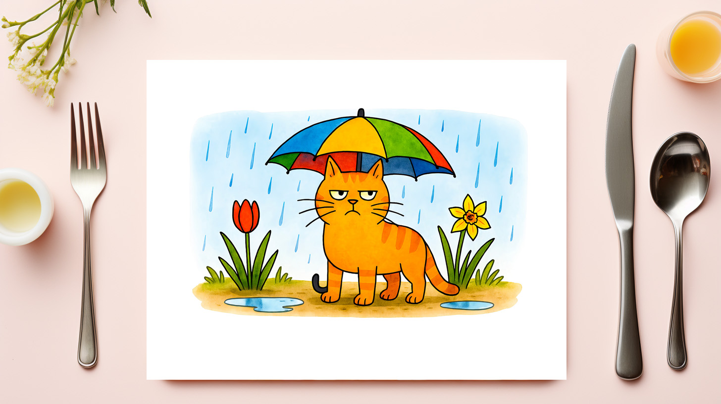 raxxa Premium-Tischset: Cute Cartoon Cat Standing Under Colorful Umbrella - Image 3