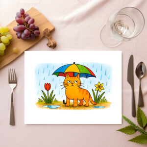 raxxa Premium-Tischset: Cute Cartoon Cat Standing Under Colorful Umbrella