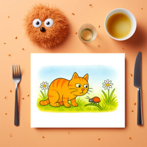 raxxa Premium-Tischset: Cute Cartoon Cat Watching Ladybug in Meadow