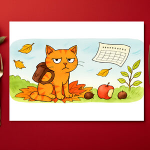 raxxa Premium-Tischset: Grumpy Cartoon Cat Starting School in Autumn