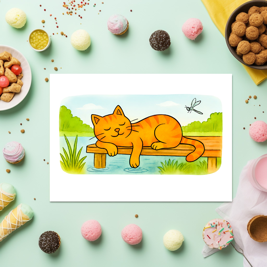 raxxa Premium-Tischset: Cute Cartoon Cat Resting on Wooden Dock - Image 2