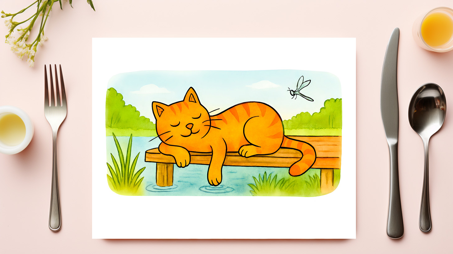 raxxa Premium-Tischset: Cute Cartoon Cat Resting on Wooden Dock