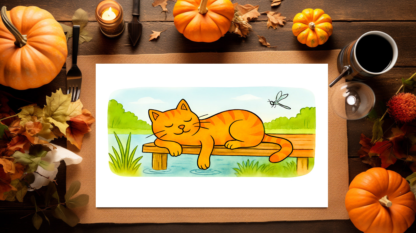 raxxa Premium-Tischset: Cute Cartoon Cat Resting on Wooden Dock - Image 3