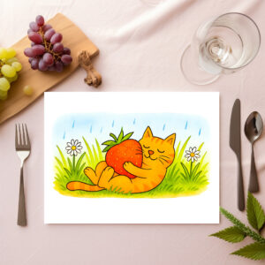 raxxa Premium-Tischset: Playful Cartoon Cat Hugging Big Strawberry