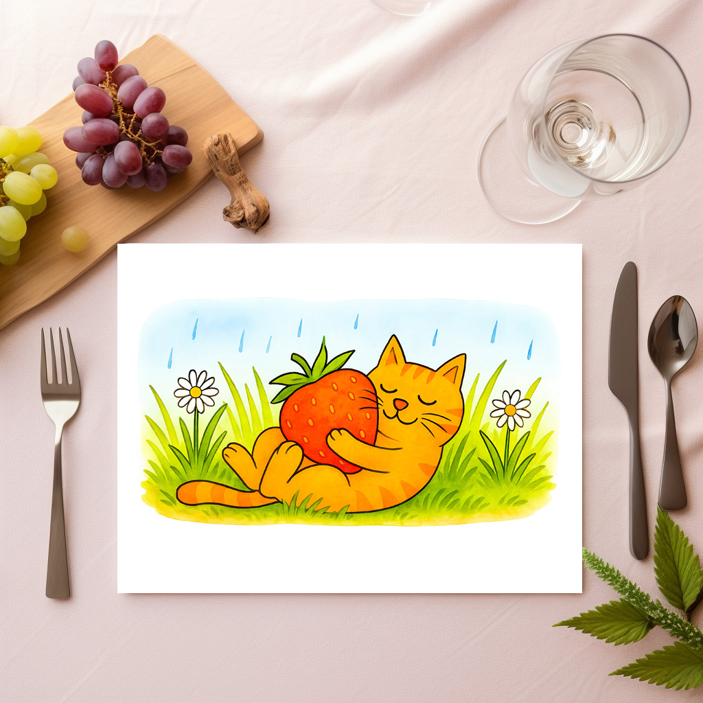 raxxa Premium-Tischset: Playful Cartoon Cat Hugging Big Strawberry