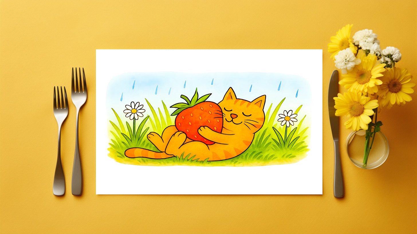 raxxa Premium-Tischset: Playful Cartoon Cat Hugging Big Strawberry – Image 2