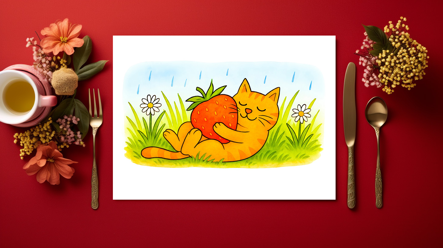 raxxa Premium-Tischset: Playful Cartoon Cat Hugging Big Strawberry – Image 3