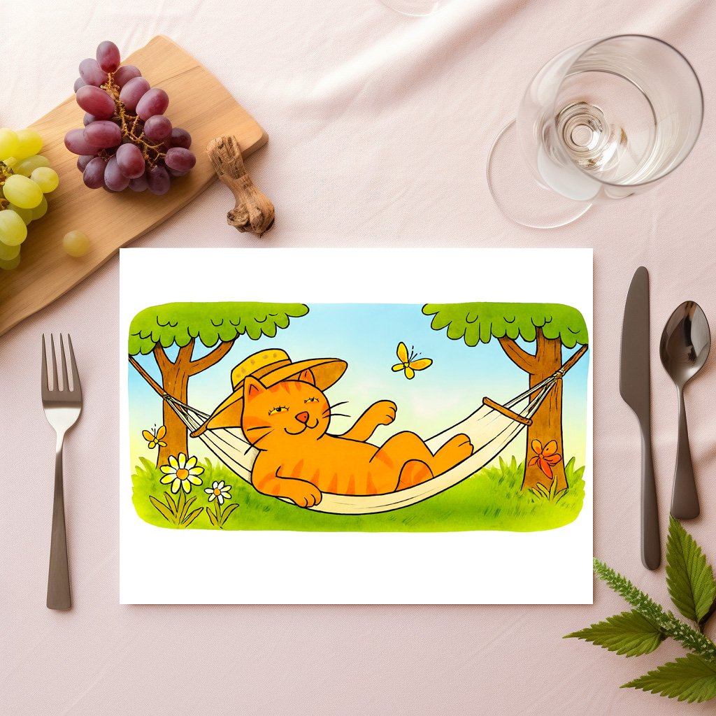 raxxa Premium-Tischset: Cute Cartoon Cat Relaxing in Garden Hammock