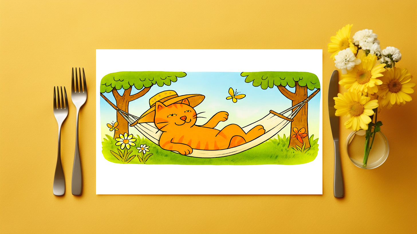 raxxa Premium-Tischset: Cute Cartoon Cat Relaxing in Garden Hammock – Bild 2