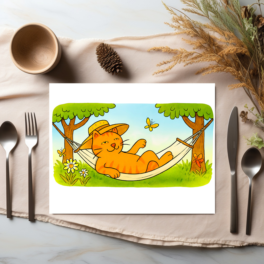 raxxa Premium-Tischset: Cute Cartoon Cat Relaxing in Garden Hammock – Bild 3