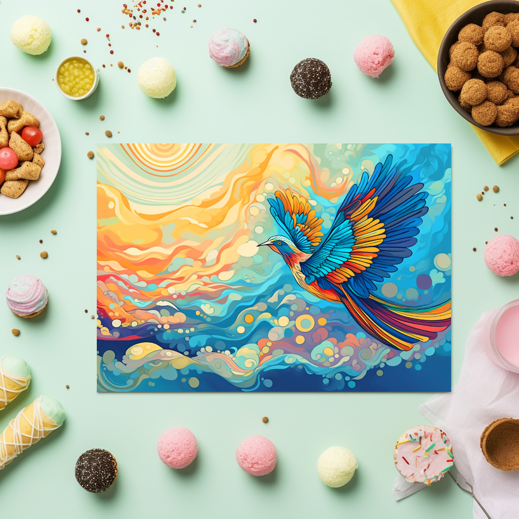 raxxa Premium-Tischset: Farbenfroher Vogel auf dem Flug in die Wolken – Image 3