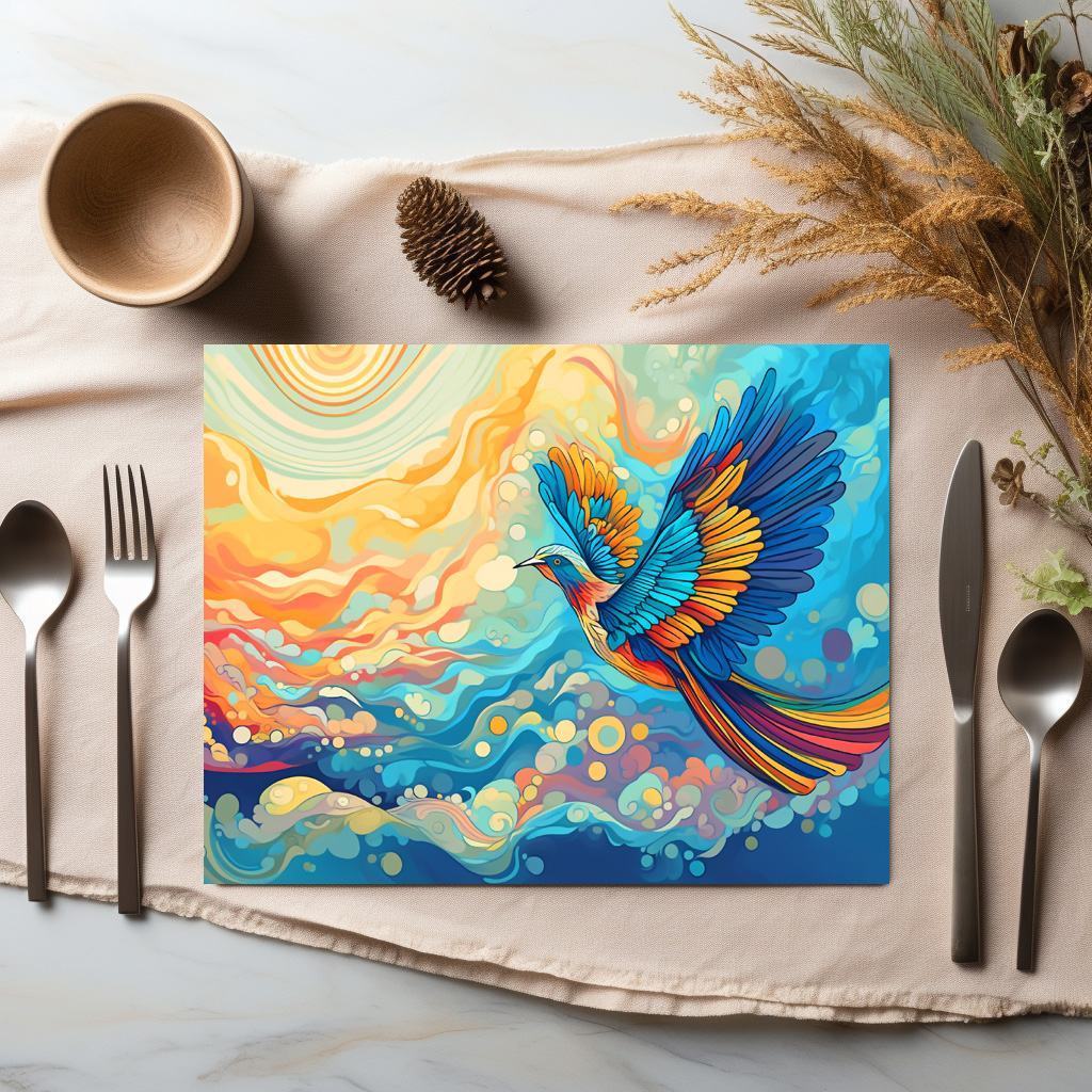 raxxa Premium-Tischset: Farbenfroher Vogel auf dem Flug in die Wolken – Image 2