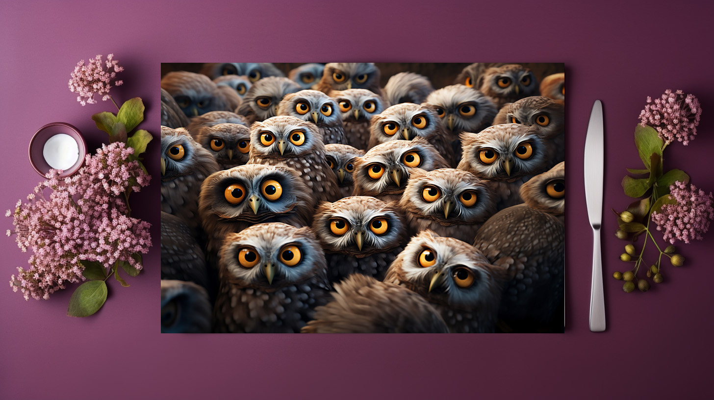 raxxa Premium-Tischset: Gruppenbild mit fröhlichen Eulen