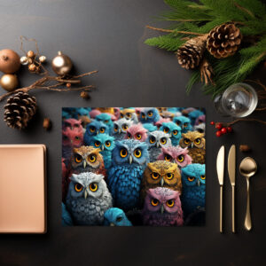 raxxa Premium-Tischset: Gruppenbild mit farbenfrohen Eulen