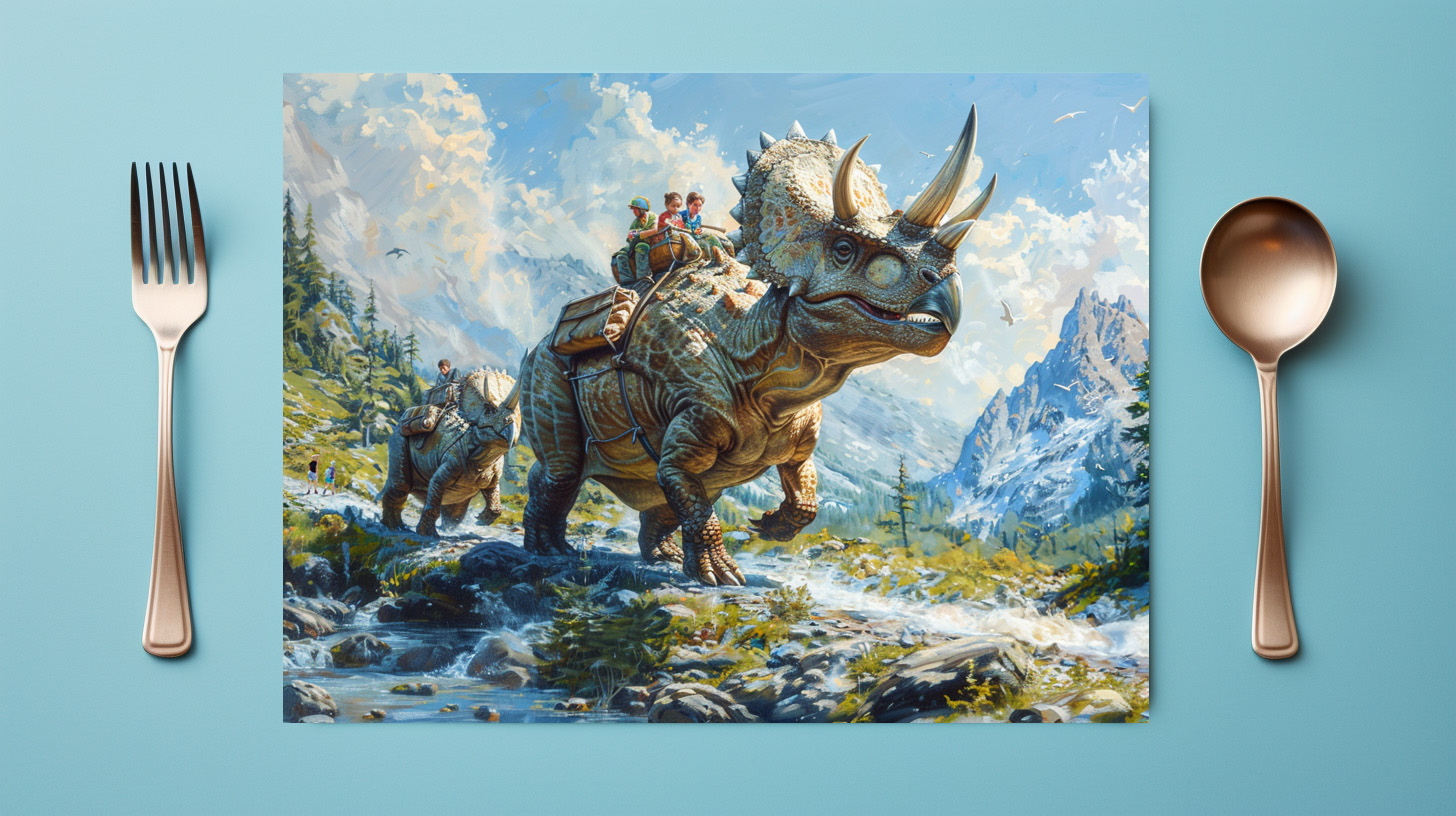raxxa Premium-Tischset: Dinosaurier Triceratops als Familienauto